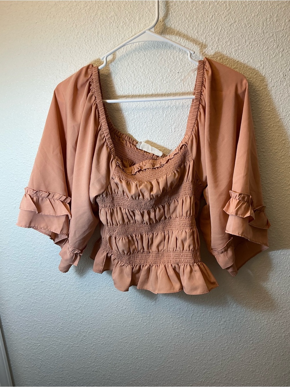 Women’s Blush Smocked Ruffle Peplum Top Boho Bell Sleeve Blouse S